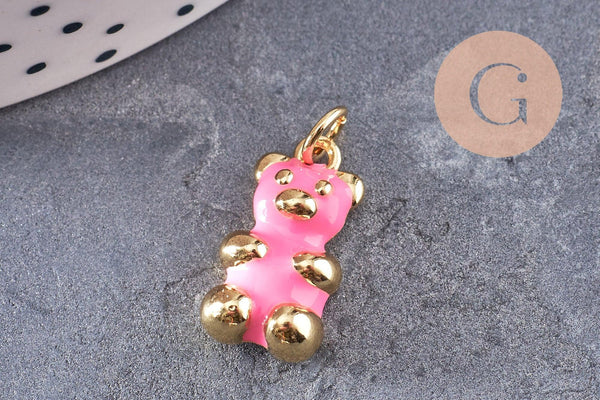 Pendentif ourson laiton doré 18K résine colorée 17.5mm, pendentif laiton jouet, bijou d'enfance, x1 (G6263)