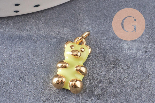 Pendentif ourson laiton doré 18K résine colorée 17.5mm, pendentif laiton jouet, bijou d'enfance, x1 (G6263)