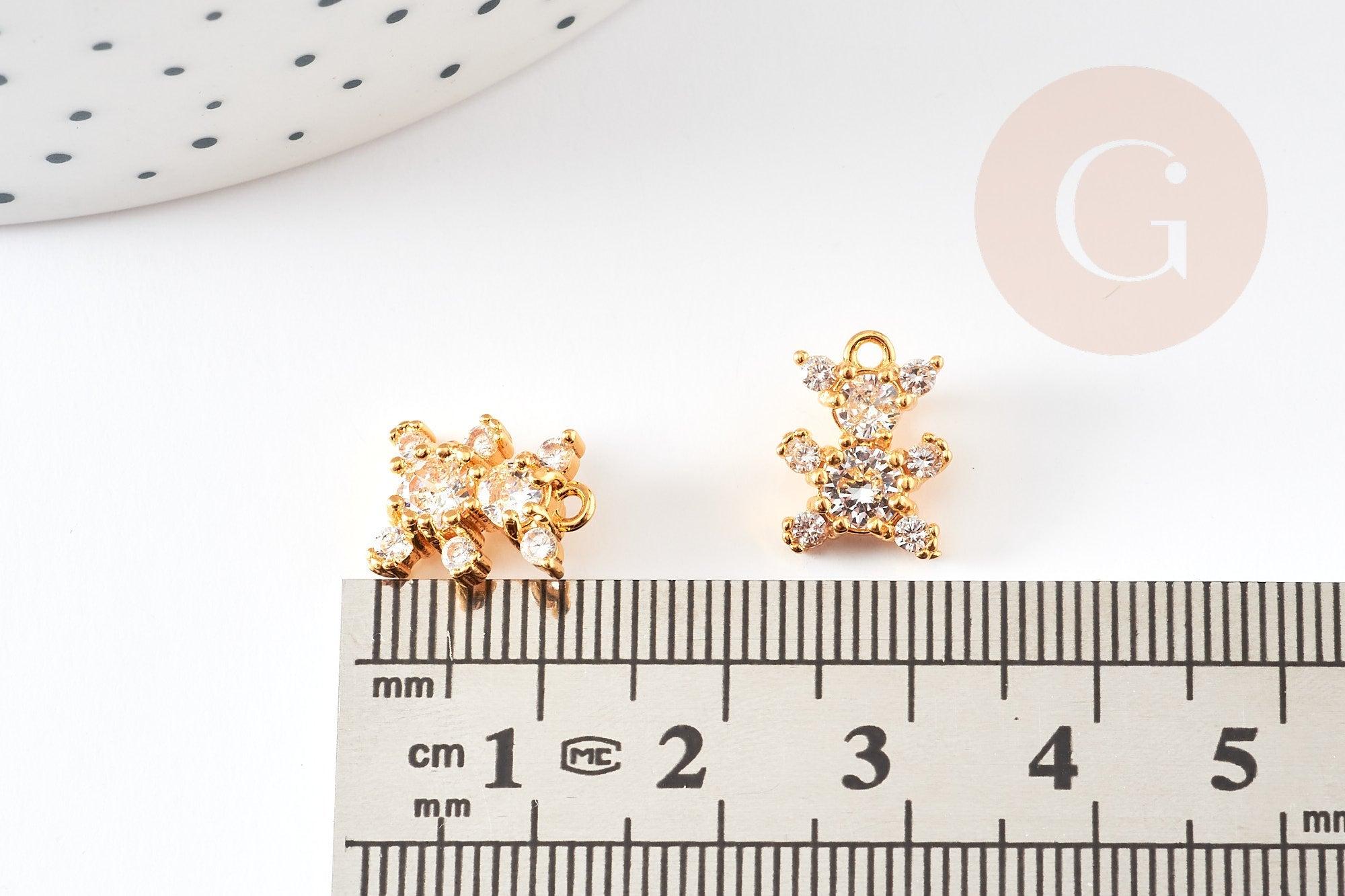 Pendentif ourson laiton doré 18K zircon 12.5mm, pendentif laiton jouet, bijou d'enfance, x1 G6392