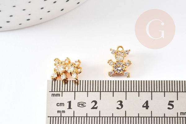 Pendentif ourson laiton doré 18K zircon 12.5mm, pendentif laiton jouet, bijou d'enfance, x1 G6392