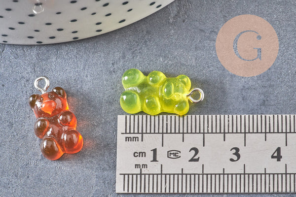 Pendentif ourson résine colorée platine 21mm, x10 (G4987)