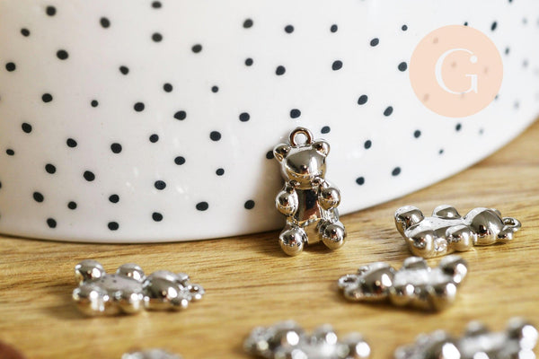 Pendentif ourson zamac argenté 18K 20mm, pendentif laiton jouet, bijou d'enfance, x1 (G6286)