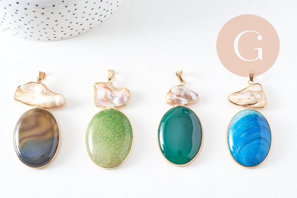 Pendentif ovale agate naturelle colorée et perle nacre 62-63mm, x1 (G2038)