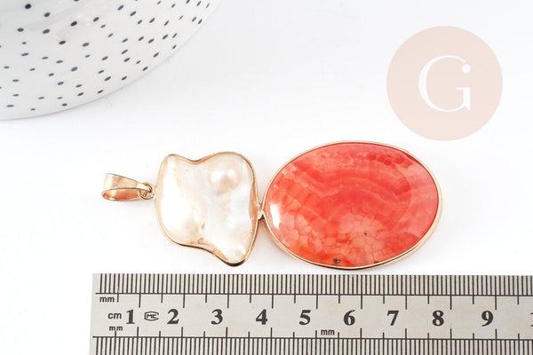 Pendentif ovale agate naturelle colorée et perle nacre 62-63mm, x1 (G2038)