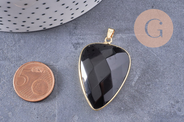 Pendentif ovale agate naturelle noire laiton doré 40mm, x1 (G2517)
