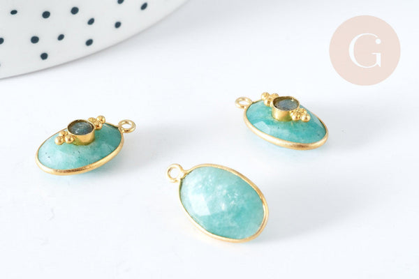 Pendentif ovale amulette amazonite naturelle argent 925 doré 18K 30mm, pendentif pierre naturelle, x1, G7717