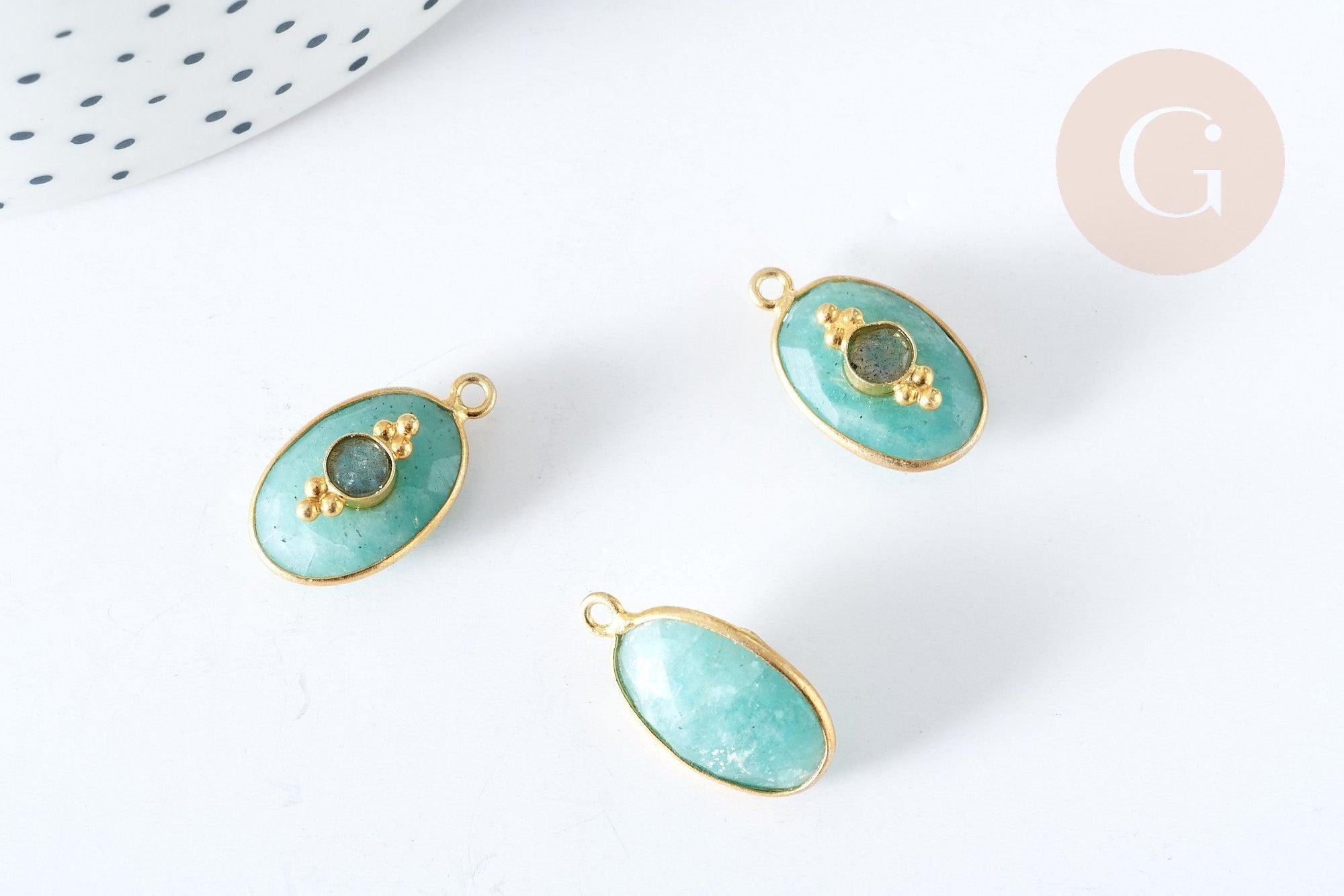 Pendentif ovale amulette amazonite naturelle argent 925 doré 18K 30mm, pendentif pierre naturelle, x1, G7717