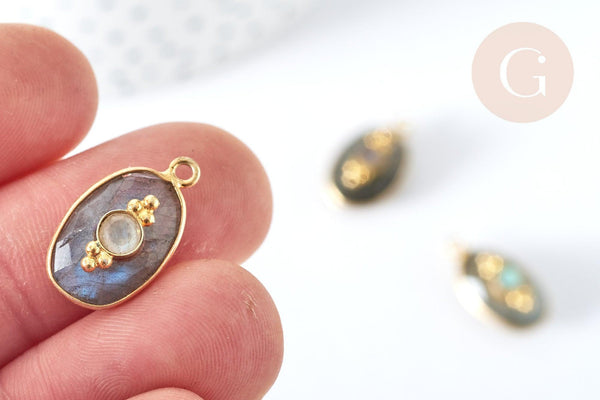 Pendentif ovale amulette labradorite argent 925 doré 18K 30mm, pendentif pierre naturelle, x1, G7714