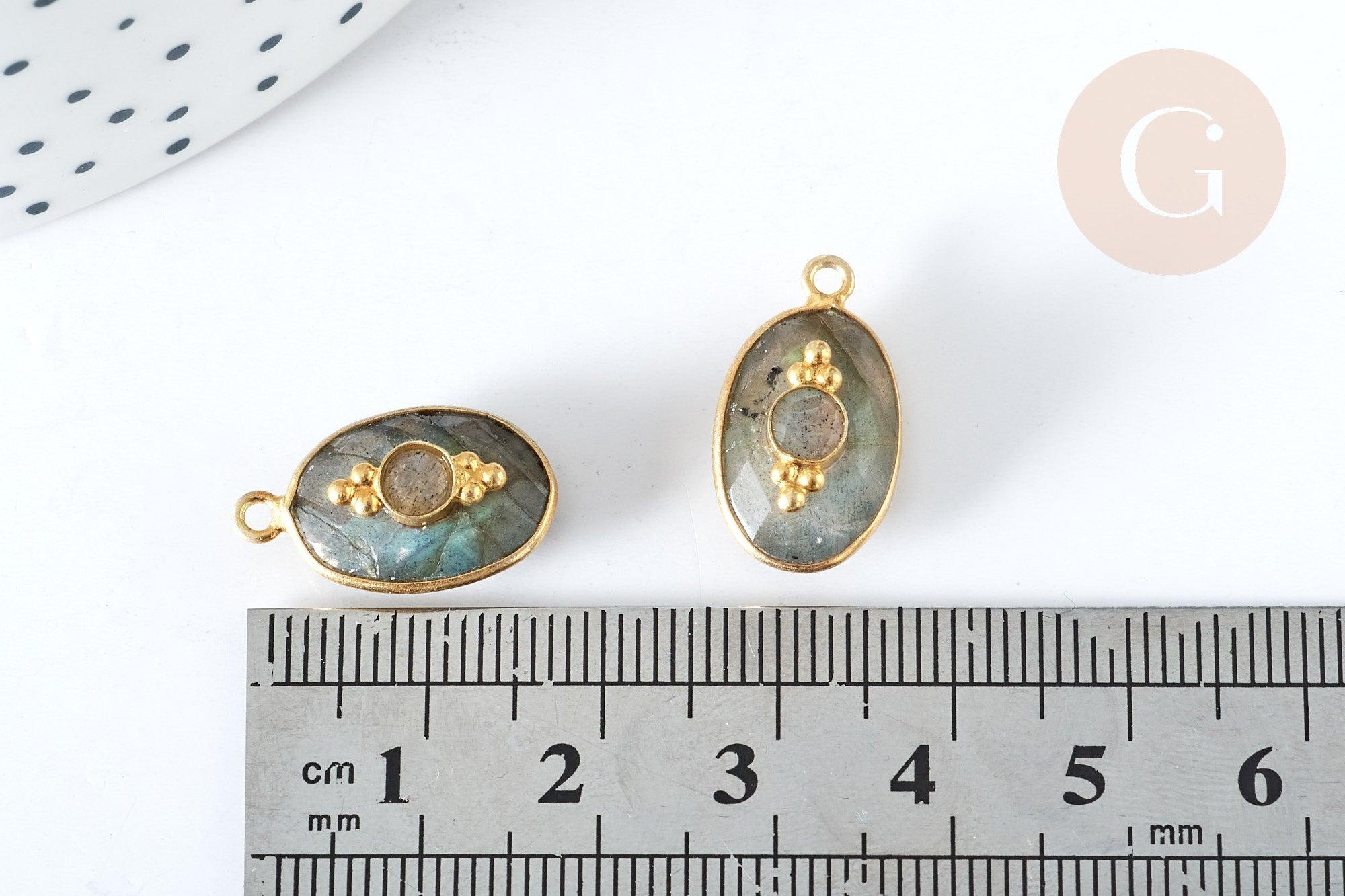 Pendentif ovale amulette labradorite argent 925 doré 18K 30mm, pendentif pierre naturelle, x1, G7714
