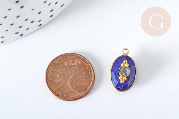 Pendentif ovale amulette lapis lazulis naturelle argent 925 doré 18K 30mm, pendentif pierre naturelle, x1, G7713