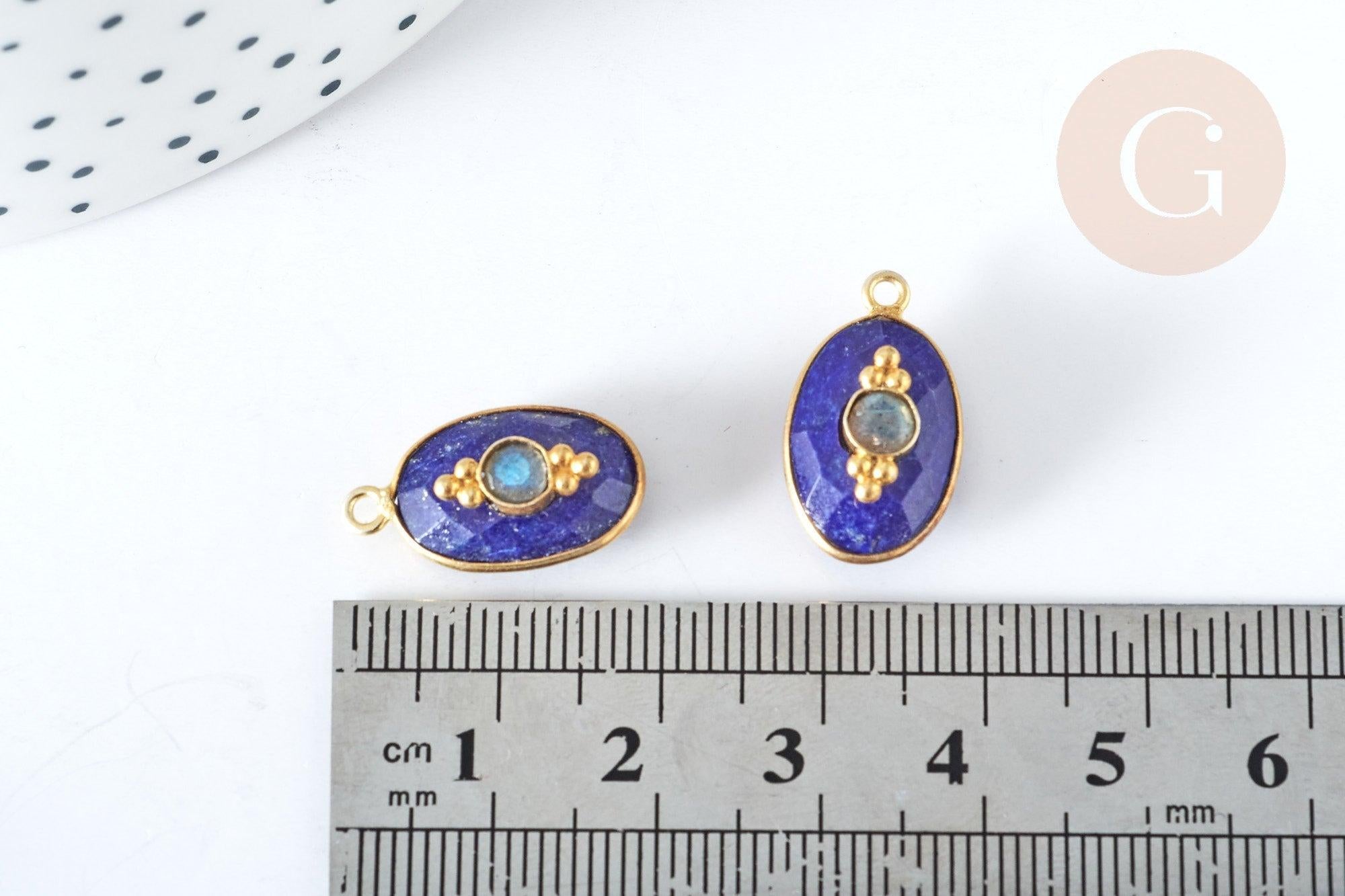 Pendentif ovale amulette lapis lazulis naturelle argent 925 doré 18K 30mm, pendentif pierre naturelle, x1, G7713