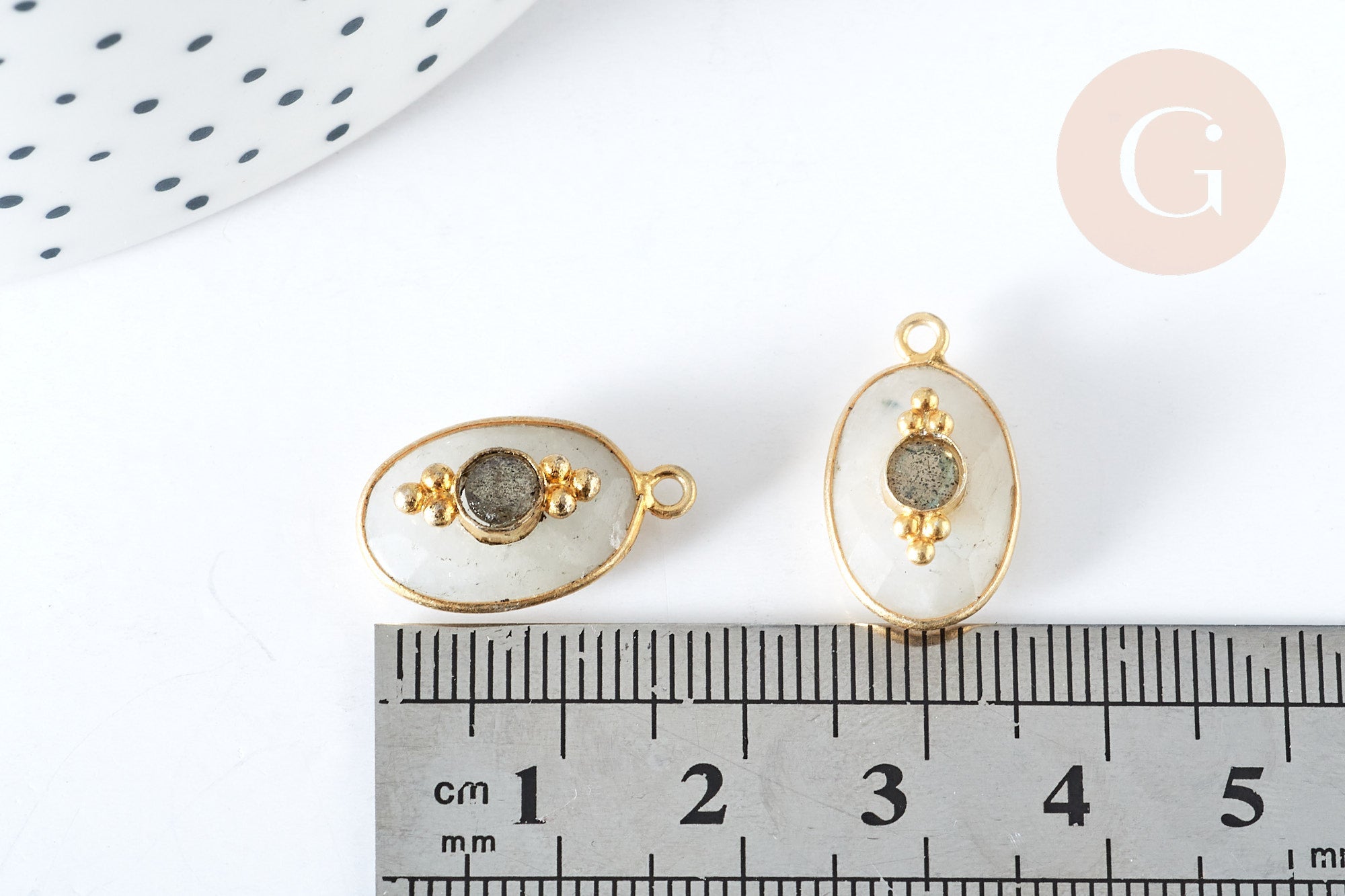Pendentif ovale amulette pierre de lune naturelle argent 925 doré 18K 30mm, x1 (G7715)