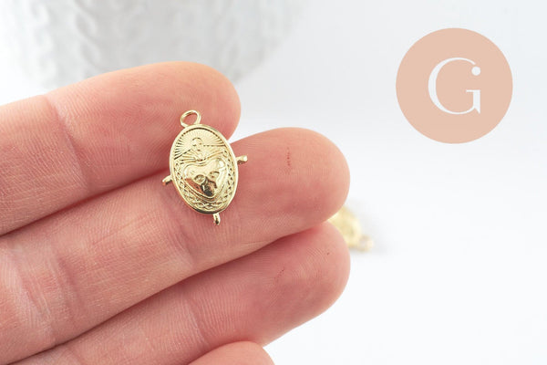 Pendentif ovale coeur ex-voto laiton doré avec 3 anneaux 18mm, x1 (G10017)