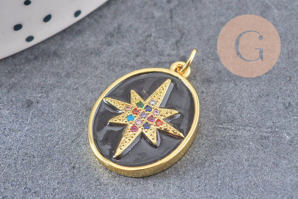 Pendentif ovale doré étoile émail résine 23mm,x1 (G5337)