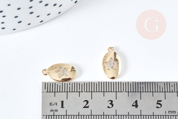 Pendentif ovale fleur laiton doré 14K cristal zircon blanc 14.5mm, pendentif doré création bijou, x1 (G8585)