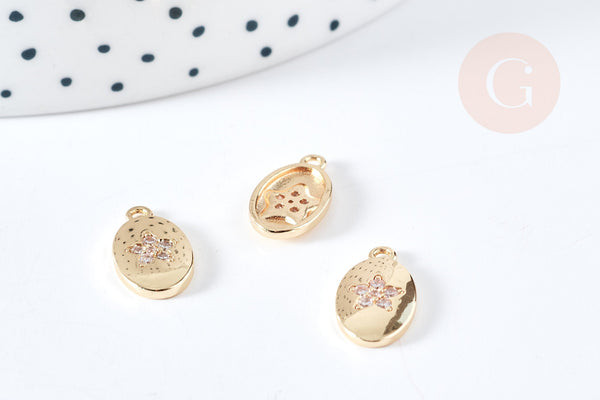 Pendentif ovale fleur laiton doré 14K cristal zircon blanc 14.5mm, pendentif doré création bijou, x1 (G8585)