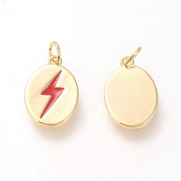 Pendentif ovale laiton doré éclair émail rouge 13.7mm,x1 (G4274)