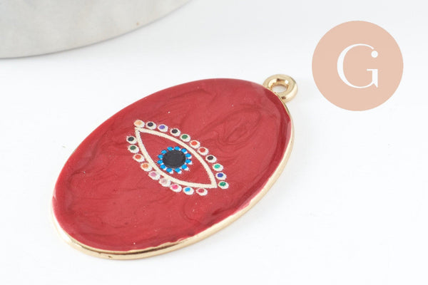 Pendentif ovale oeil protecteur émail rouge bordeau zamac doré 39mm, pendentif laiton émaillé,sans nickel, x1 (G5915)