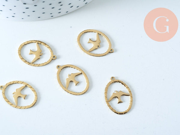 Pendentif ovale oiseau acier doré 21.5mm, breloque hirondelle acier inoxydable doré, pendentif sans nickel, création bijoux, x1 (G6019)