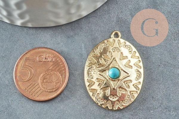 Pendentif ovale zamac doré 16K gravé turquoise de synthèse,sans nickel,creation bijoux inspiration indienne, 31.5mm, x1 (G4526)