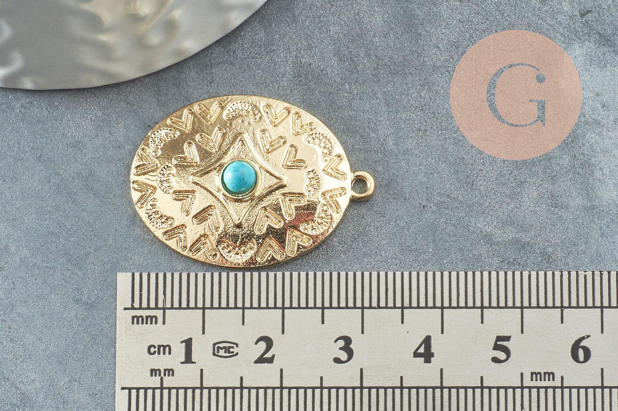 Pendentif ovale zamac doré 16K gravé turquoise de synthèse,sans nickel,creation bijoux inspiration indienne, 31.5mm, x1 (G4526)