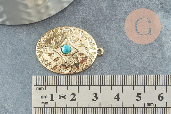 Pendentif ovale zamac doré 16K gravé turquoise de synthèse,sans nickel,creation bijoux inspiration indienne, 31.5mm, x1 (G4526)