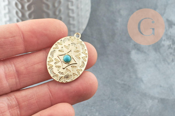 Pendentif ovale zamac doré 16K gravé turquoise de synthèse,sans nickel,creation bijoux inspiration indienne, 31.5mm, x1 (G4526)