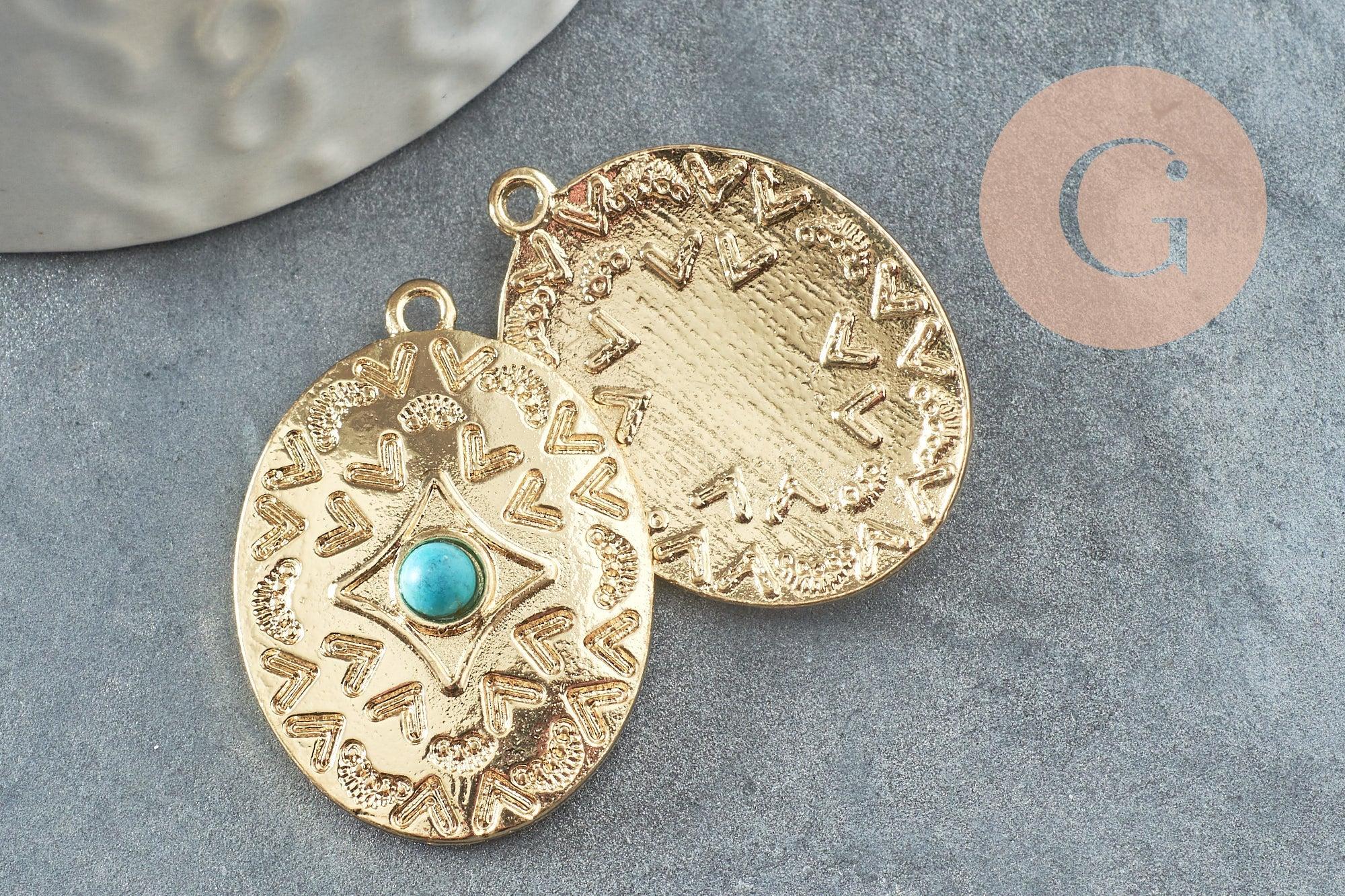 Pendentif ovale zamac doré 16K gravé turquoise de synthèse,sans nickel,creation bijoux inspiration indienne, 31.5mm, x1 (G4526)