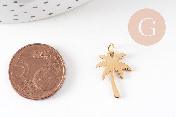 Pendentif palmier acier 304 inoxydable doré IP 17mm, x1 (G10833)