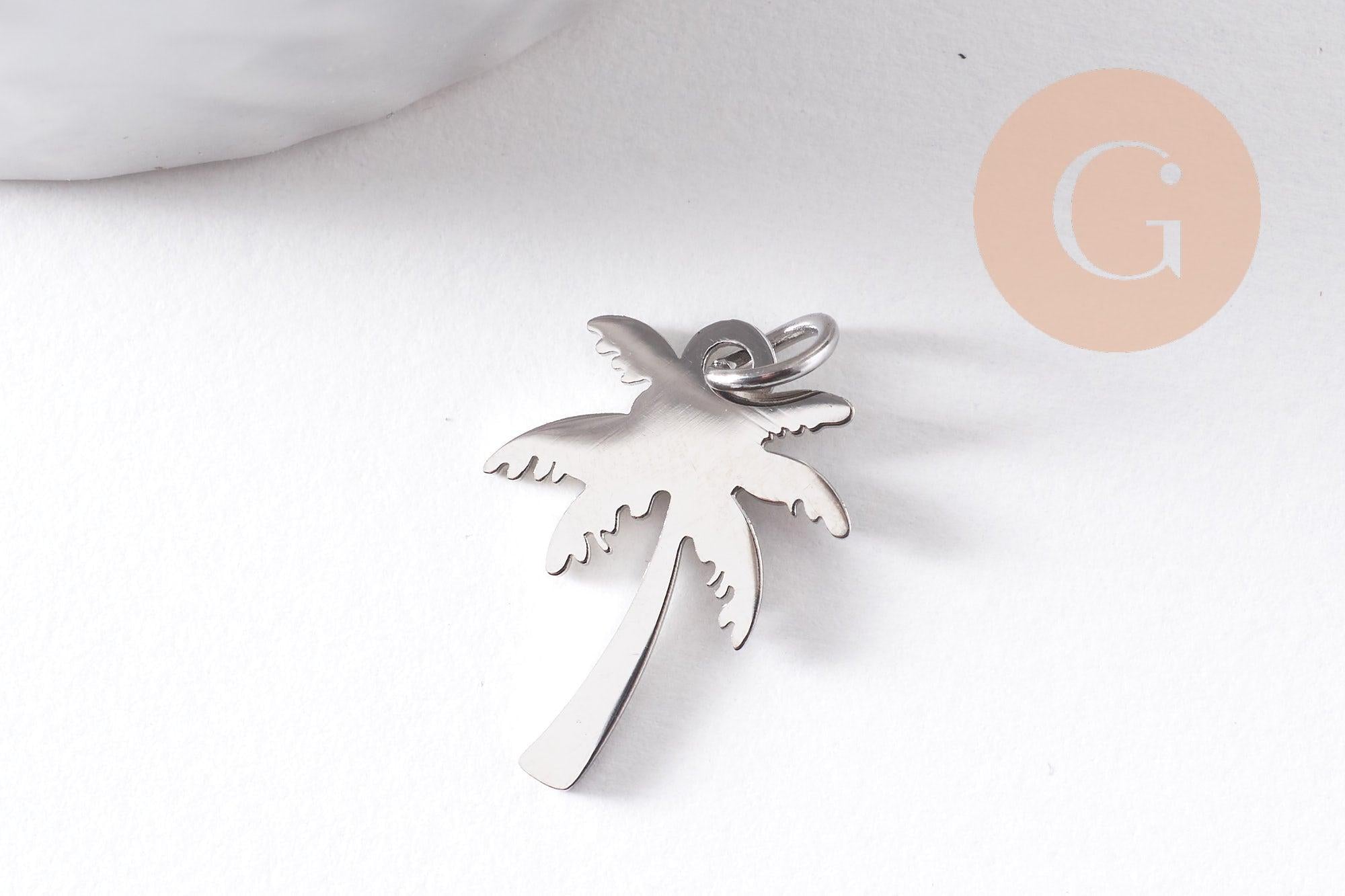 Pendentif palmier acier 304 inoxydable doré ou platine 17.5mm à 22mm, x1 (G10289)
