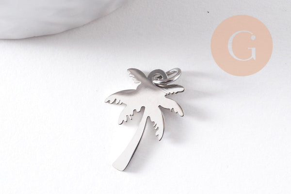 Pendentif palmier acier 304 inoxydable doré ou platine 17.5mm à 22mm, x1 (G10289)