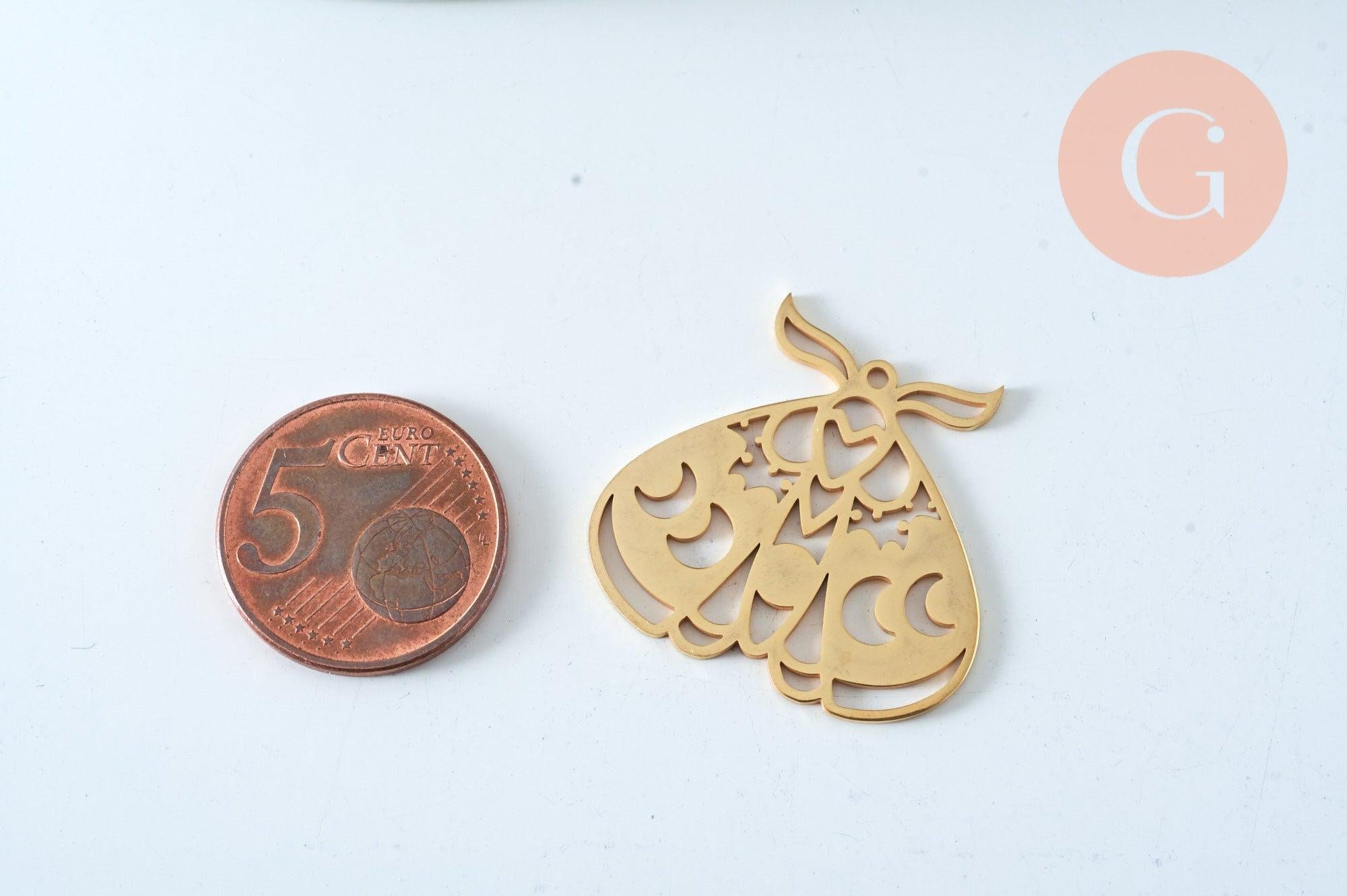 Pendentif papillon lunes acier doré 30mm, x1 (G6023)
