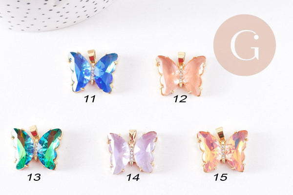 Pendentif papillon rectangle cristal laiton doré 26.5mm, x1 (G5993)