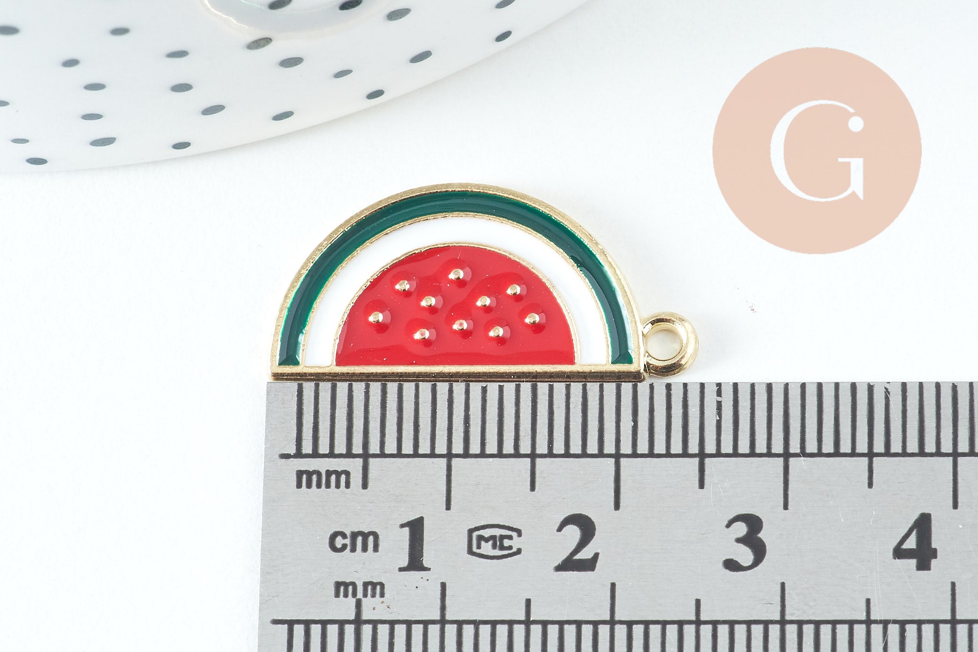 Pendentif pastèque zamac doré émaillé 26mm, x5 (G2467)