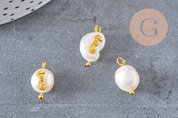 Pendentif perle naturelle Keshi Hippocampe doré 13-16mm,porte bonheur,perle eau douce,création bijou,perle naturelle blanche, x1 (G6091)