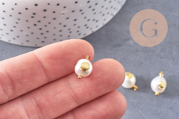 Pendentif perle naturelle Keshi coquillage doré 13-16mm,porte bonheur,perle eau douce,perle naturelle blanche, x1 G6131