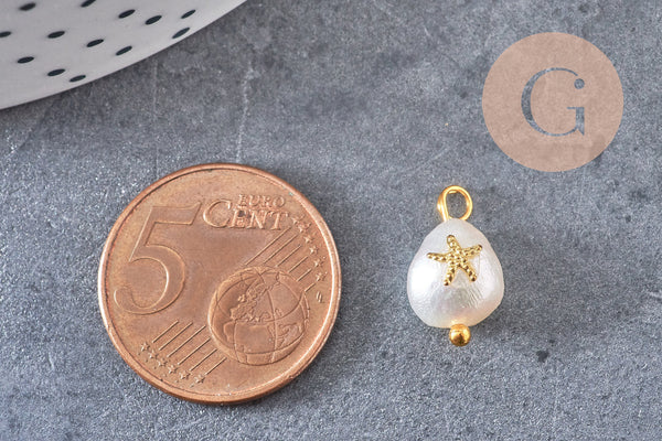 Pendentif perle naturelle Keshi étoile de mer doré 13-16mm,porte bonheur,perle eau douce,perle naturelle blanche, x1 (G6231)