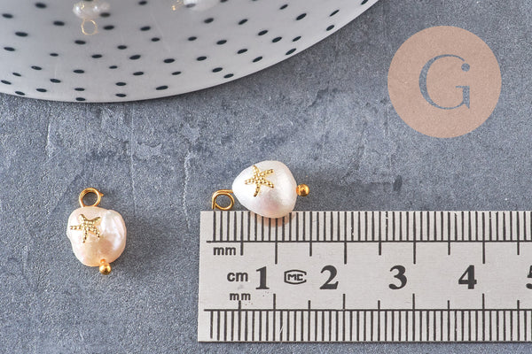 Pendentif perle naturelle Keshi étoile de mer doré 13-16mm,porte bonheur,perle eau douce,perle naturelle blanche, x1 (G6231)