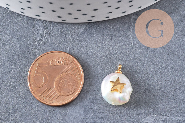 Pendentif perle naturelle Keshi étoile dorée,porte bonheur,perle eau douce,création bijou,perle naturelle blanche,17-27mm, x1 (G1954)