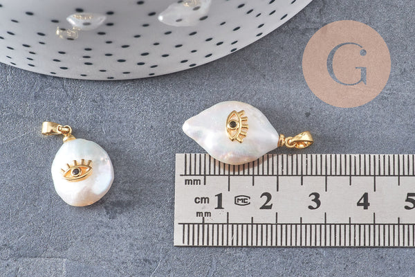 Pendentif perle naturelle Keshi oeil laiton doré 17-27mm x1 (G2028)