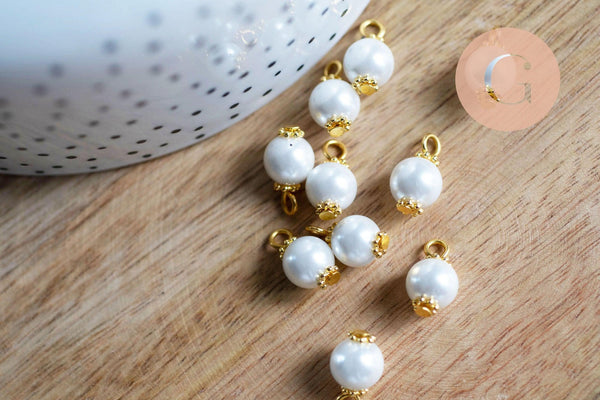 Pendentif perle ronde verre blanc nacré laiton doré 14mm, x10 (G7136)