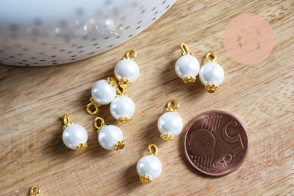 Pendentif perle ronde verre blanc nacré laiton doré 14mm, x10 (G7136)