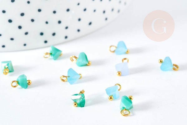 Pendentif perle triangle doré carats cristal bleu turquoise 8mm, pendentif doré cristal, x10 (G6240)