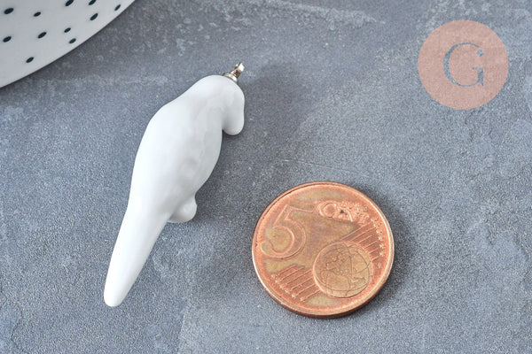 Pendentif perroquet porcelaine blanc laiton argenté 44mm, pendentif pour fabrication bijoux, x1 G7303