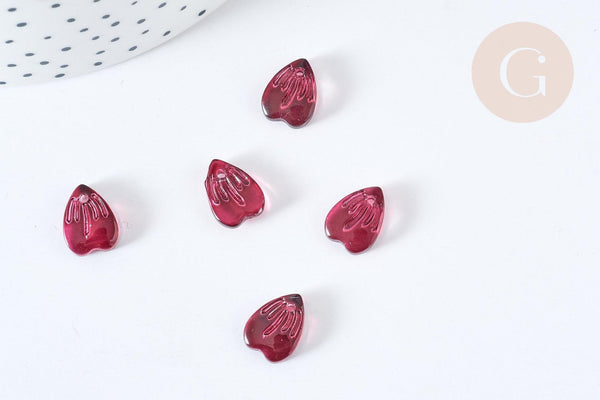 Pendentif pétale verre prune 12mm, perles verre tchèque, perle végétal, x10 (G8102)