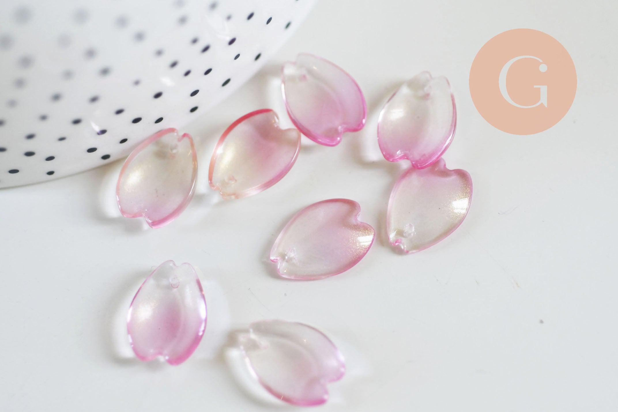 Pendentif pétale verre rose 16mm, perles verre tchèque, perle végétal, x10 (G7088)