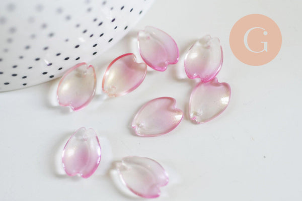 Pendentif pétale verre rose 16mm, perles verre tchèque, perle végétal, x10 (G7088)