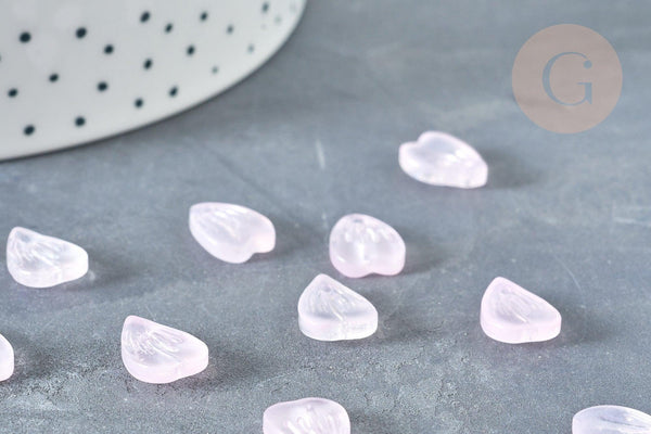 Pendentif pétale verre rose clair 12mm, perles verre tchèque, perle végétal, x10 (G8252)