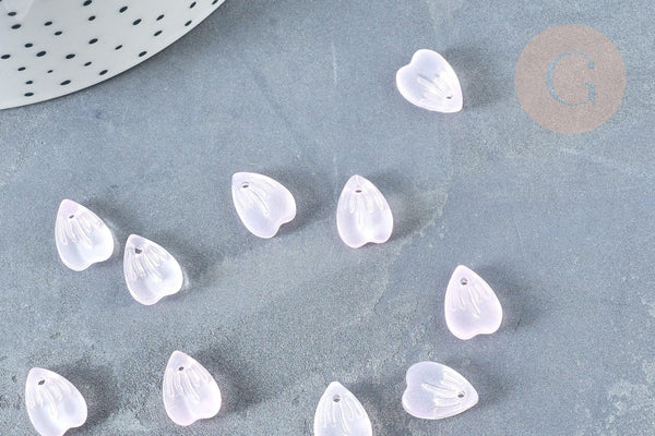 Pendentif pétale verre rose clair 12mm, perles verre tchèque, perle végétal, x10 (G8252)