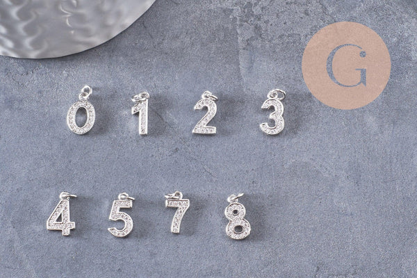 Pendentif platine numéro cristal blanc laiton platine 11mm, x1 (G3622)